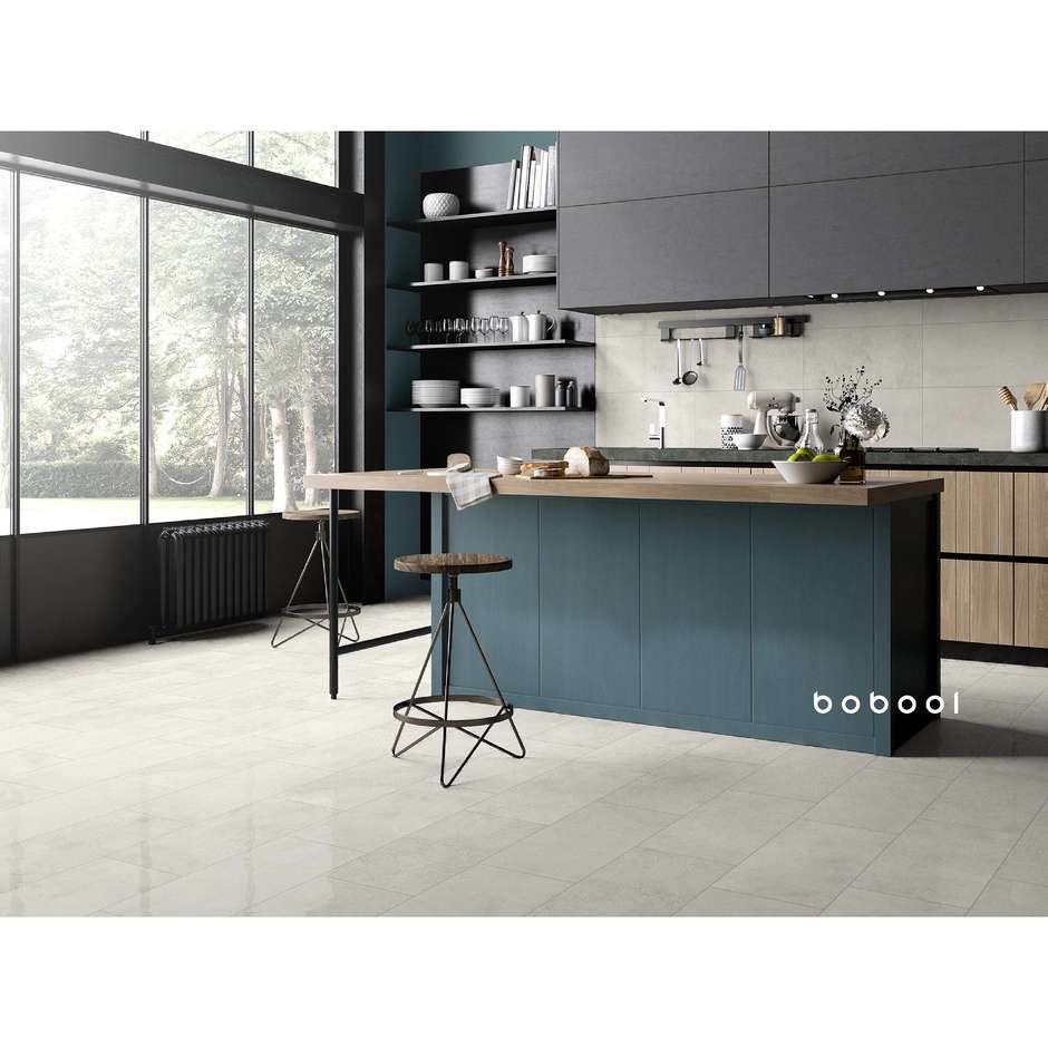 Feinsteinzeug in Betonoptik, 29,6 x 59,5 cm Weiß, geschliffen - Uptown, Dom Ceramiche