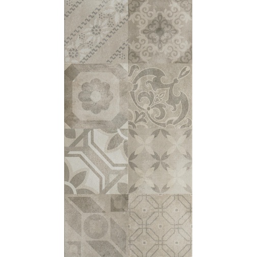 Feinsteinzeug in Zementoptik, dekoriert auf grau-beigem Hintergrund, 30x60 cm, Multi Dekor Greige - Uptown, Dom Ceramiche