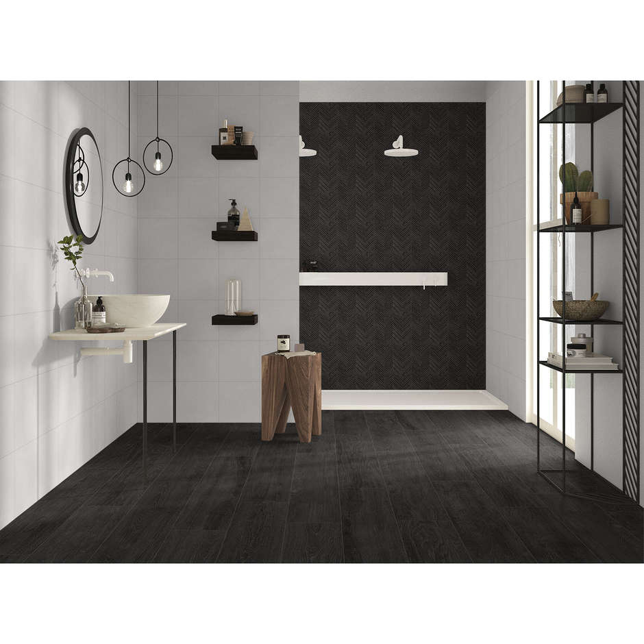 Feinsteinzeug mit dunkler Holzoptik, geometrisches Fischgrätmuster, 29,1x33,1 cm, Chevron Smoke - Comfort W, Dom Ceramiche