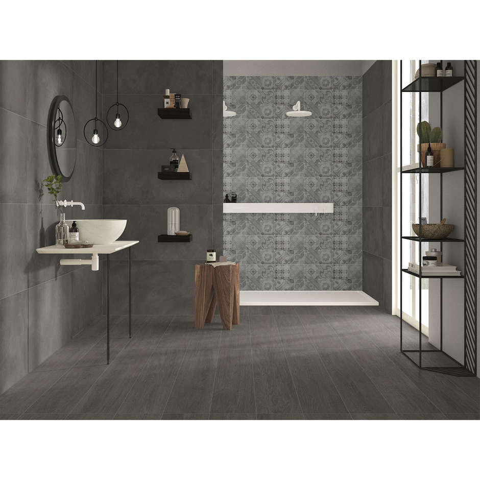 Feinsteinzeug mit Zementoptik, dekoriert auf silbergrauem Hintergrund, 30x60 cm, Multi Dekor Silver- Uptown, Dom Ceramiche