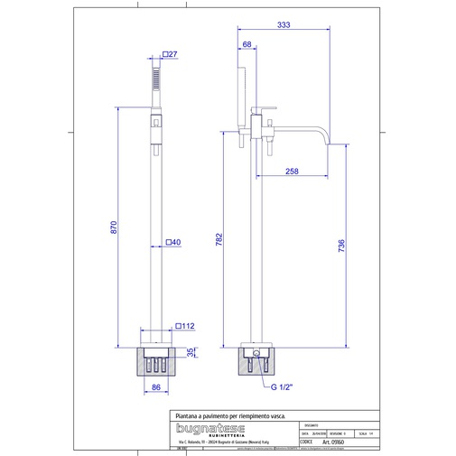 Floor standing bath mixer with diverter, spout, hand shower - Tetris, Rubinetteria Bugnatese