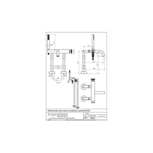Floor standing bathtub set, spout, diverter and hand shower Millenovecinquanta 4602P Bugnatese