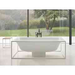Freestanding bathtub with white steel frame, Bettelux Shape drain column, Bette