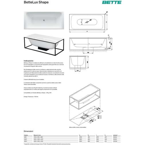 Freistehende Badewanne mit weißem Stahlrahmen, Ablaufsäule Bettelux Shape, Bette