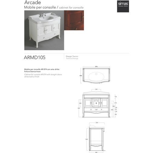 Freistehender Schrank im klassischen Stil mit gebogenen Türen für weißes Waschbecken AR874 - Arcade, Simas