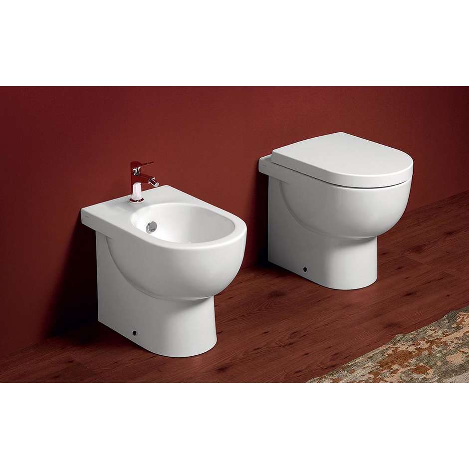 Glossy white flush-to-the-wall sanitary ware: toilet, bidet and soft seat - E-Line, Simas