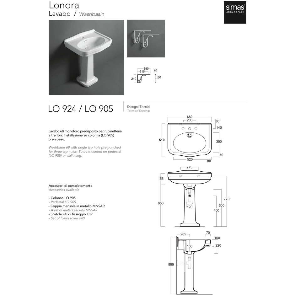 Glossy white old England style suspended washbasin 68 cm - London, Simas