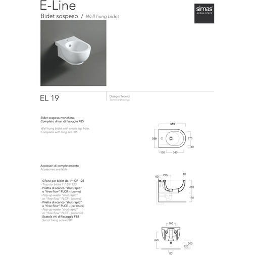Glossy white wall-hung bidet, light and compact design - E-Line, Simas