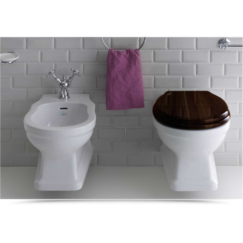 Glänzend weiße wandhängende Sanitärkeramik aus altem England: WC, Bidet und Toilettensitz aus Nussbaumholz - Londra, Simas