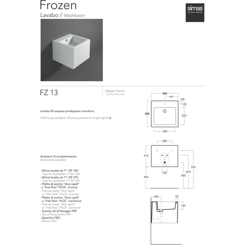 Glänzend weißes quadratisches hängendes Waschbecken im minimalistischen Stil 50 cm - Frozen, Simas
