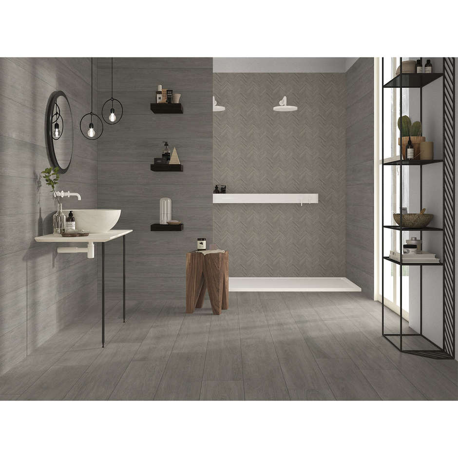 Gres effetto legno con decoro geometrico 29,1x33,1 Chevron Ash - Comfort W, Dom Ceramiche, grigio cenere