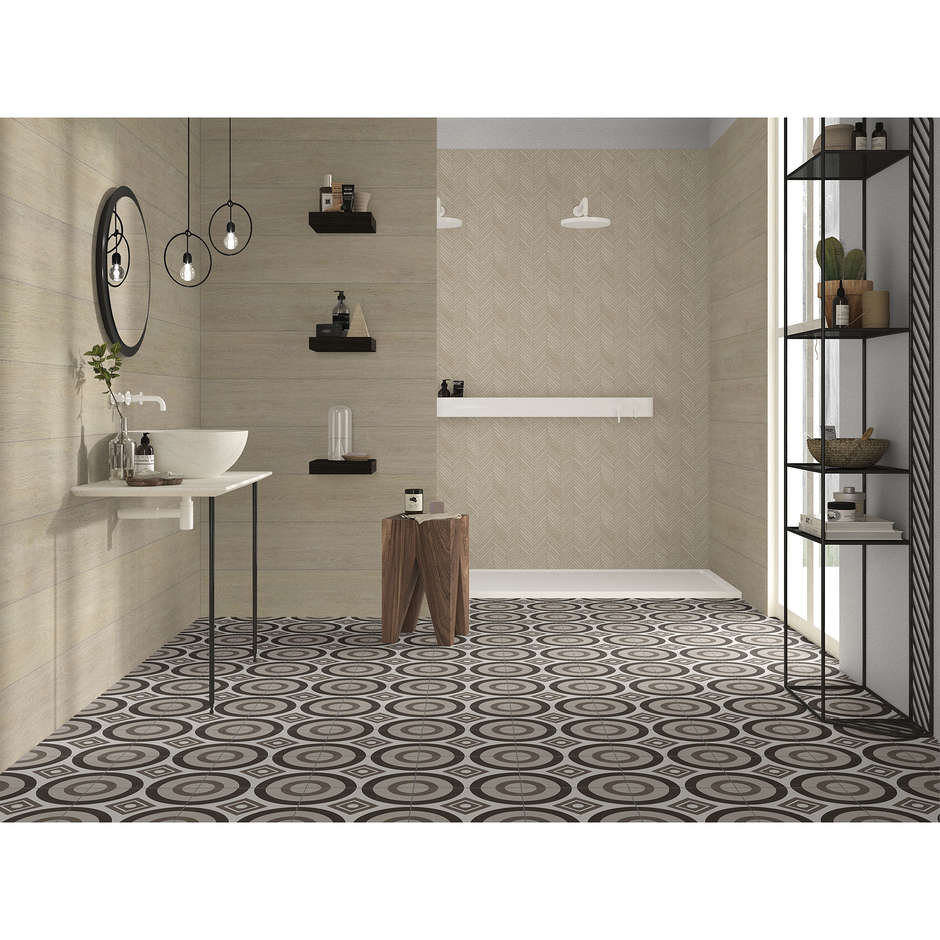 Gres porcellanato effetto legno, decoro geometrico a lisca di pesce,  29,1x33,1 cm, Chevron Beige - Comfort W, Dom Ceramiche 