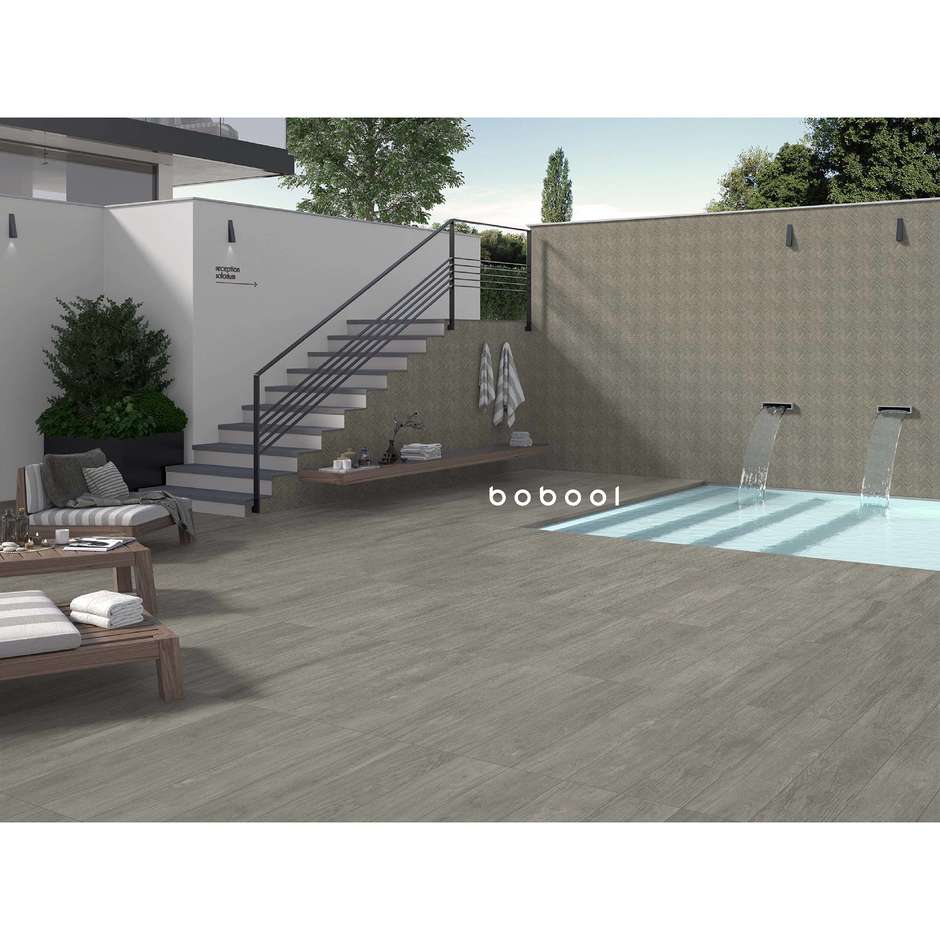 Gres porcellanato effetto legno grigio cenere, antiscivolo per esterno, 20x120 cm, Ash Extèrieure - Comfort W, Dom Ceramiche