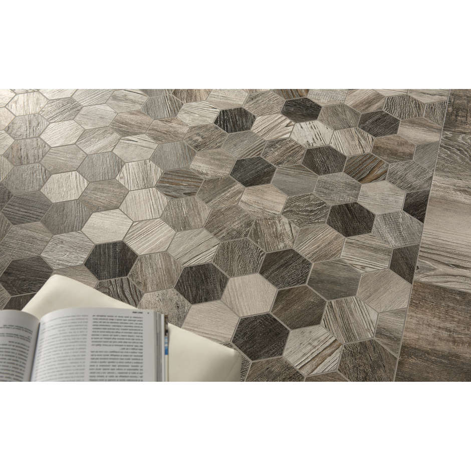 Gres porcellanato effetto legno invecchiato 35x37,5 cm, mosaico Grey Esagona Mix - Barnwood, Dom Ceramiche