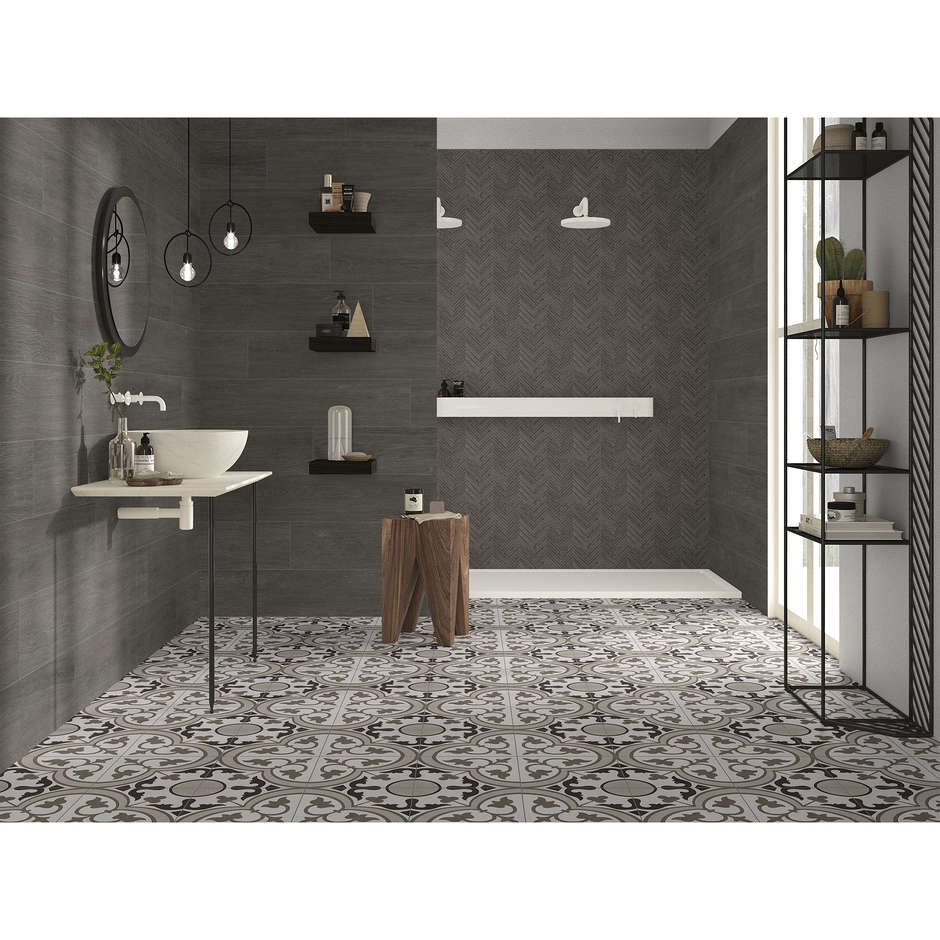 Gres porcellanato effetto legno naturale, decoro geometrico a lisca di pesce,  29,1x33,1 cm, Chevron Tin - Comfort W, Dom Ceramiche 