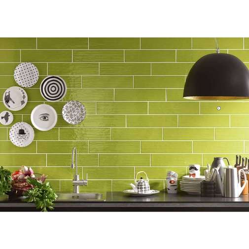 Grès cérame de parement brillant, effet rayé, 10x40 Vert - Paintboard, Tonalite