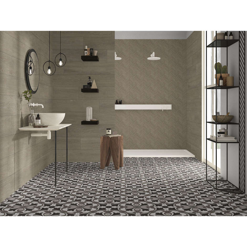 Grès cérame effet bois, décor géométrique à chevrons, sable, 29,1x33,1 cm, Chevron Sand - Comfort W, Dom Ceramiche