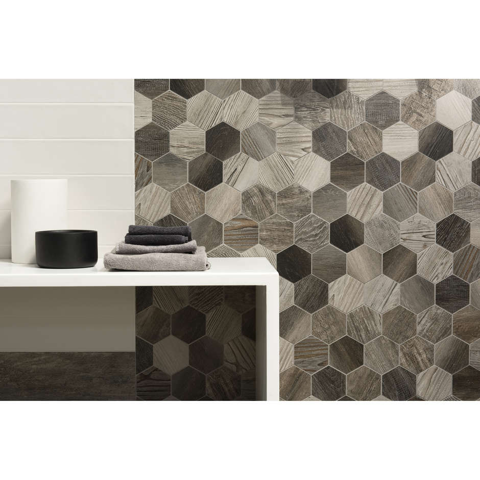 Grès cérame effet bois vieilli 35x37,5 cm, Mosaïque Grey Esagona Mix - Barnwood, Dom Ceramiche