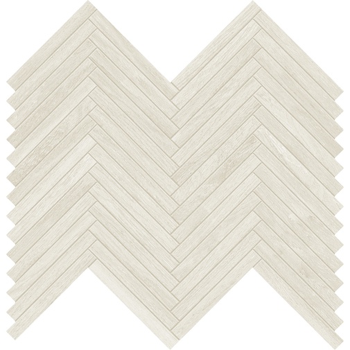 Helles Feinsteinzeug in Holzoptik, geometrisches Fischgrätmuster, 29,1x33,1 cm, Chevron White - Comfort W, Dom Ceramiche