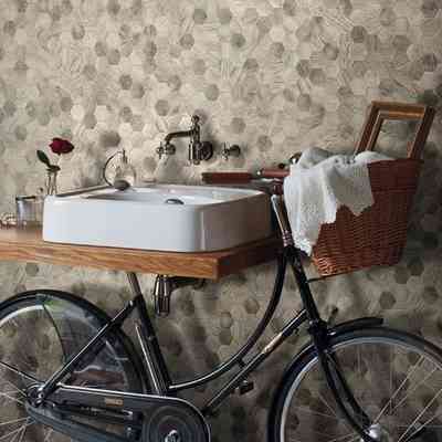 Hexagonal mosaic in recycled glass paste, for floors and walls 30x30.2 cm Wood gray - Esa Glass Flor, Boxer