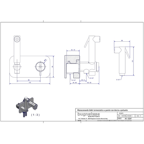 Hydrobrosse murale thermostatique avec mitigeur et plaque chromée - Kobuk, Bugnatese