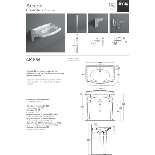 Hängendes Waschbecken mit weißer Keramikrückwand 90 cm - Arcade, Simas