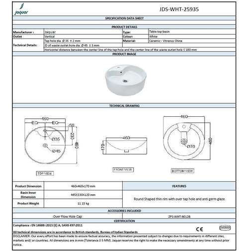JDS - Jaquar 46x46cm Gloss White Round Countertop Washbasin