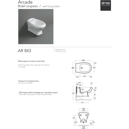 Klassisches Wand-Bidet aus weißer Keramik - Arcade, Simas