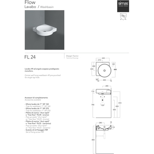 Lavabo ad angolo sospeso trendy 49x49 cm - Flow, Simas