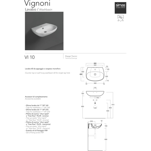 Lavabo blanc brillant à poser ou suspendu 60 cm - Vignoni, Simas