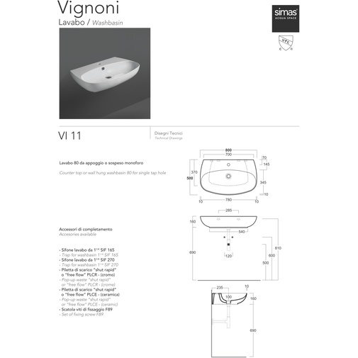 Lavabo blanc brillant à poser ou suspendu 80 cm - Vignoni, Simas