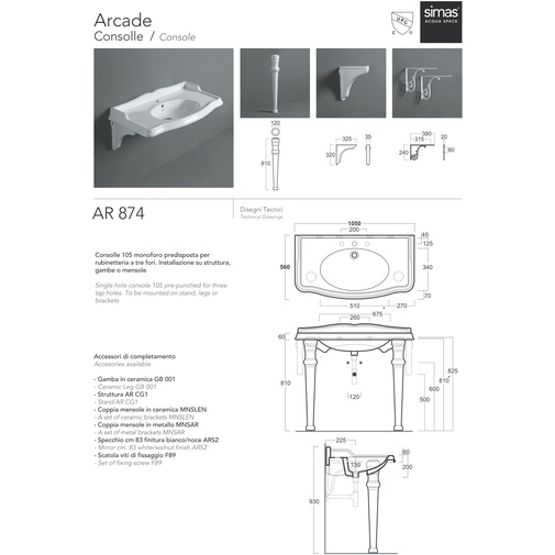 Lavabo console de style classique avec dossier, blanc brillant 105x56x20cm - Arcade, Simas
