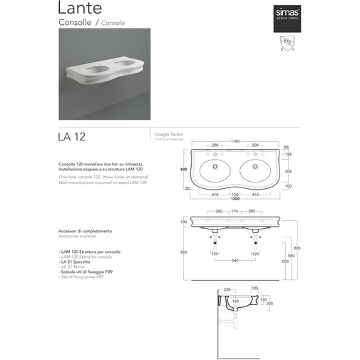 Lavabo console style rétro en céramique blanche 120 cm - Lante, Simas