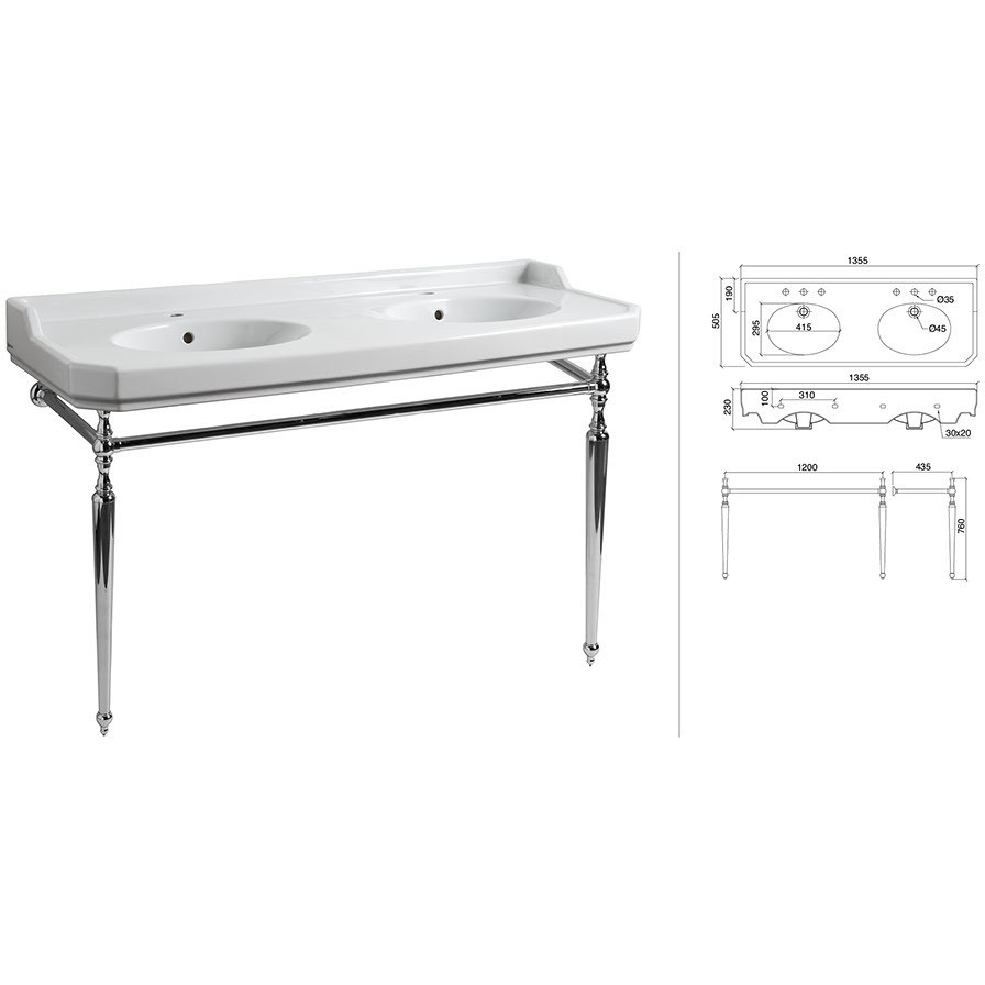 Lavabo consolle doppia vasca stile classico in ceramica bianca 135 cm - Romana, Sbordoni