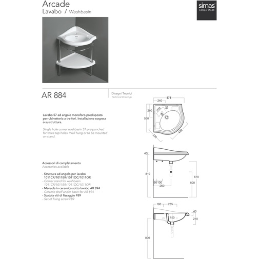 Lavabo d'angle en céramique blanche 57 cm - Arcade, Simas