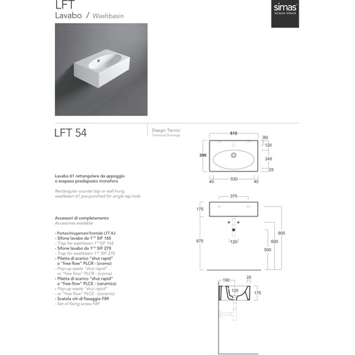 Lavabo moderne suspendu/à poser en céramique blanche 61 cm - LFT, Simas