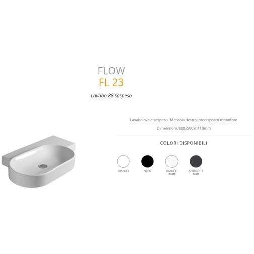 Lavabo ovale suspendu avec étagère, blanc brillant 88x50x11cm - Flow, Simas