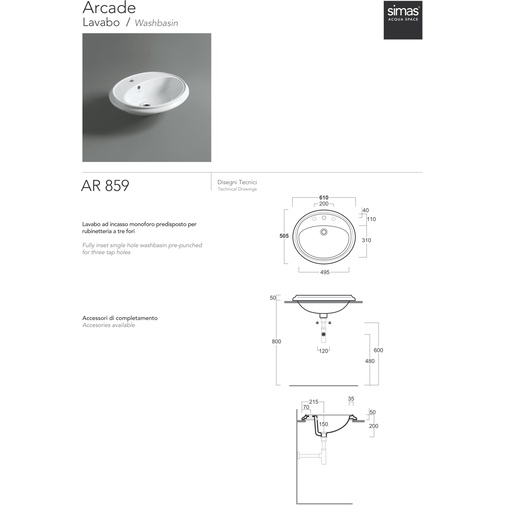Lavabo ovale à encastrer en céramique blanche 61x50 cm - Arcade, Simas