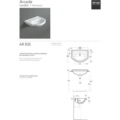 Lavabo semi-encastré de style classique en céramique blanche 67 cm - Arcade, Simas