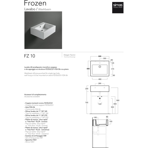 Lavabo sospeso/appoggio predisposto monoforo in ceramica bianca 60 cm - Frozen, Simas