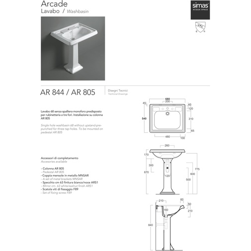 Lavabo sospeso design retrò in ceramica bianca 68 cm - Arcade, Simas