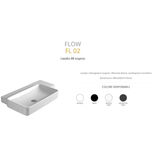 Lavabo sospeso rettangolare con ripiano destro stile moderno in ceramica bianca 88 cm - Flow, Simas