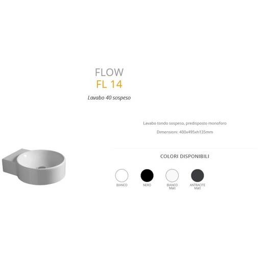 Lavabo sospeso rotondo stile minimale in ceramica bianca 40 cm - Flow, Simas