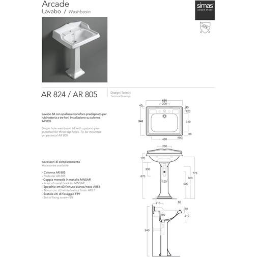 Lavabo sospeso stile retrò con spalliera bianco lucido 68 cm - Arcade, Simas