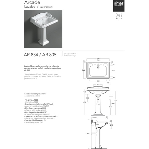 Lavabo suspendu avec dossier rétro en céramique blanche 73 cm - Arcade, Simas