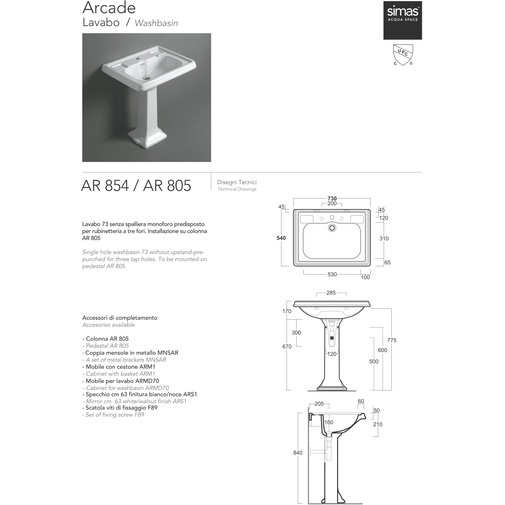 Lavabo suspendu classique en céramique blanche 73 cm - Arcade, Simas
