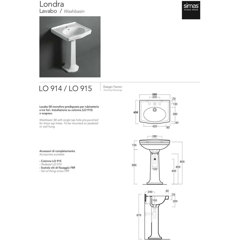 Lavabo suspendu de style anglais en céramique blanche 58 cm - London, Simas