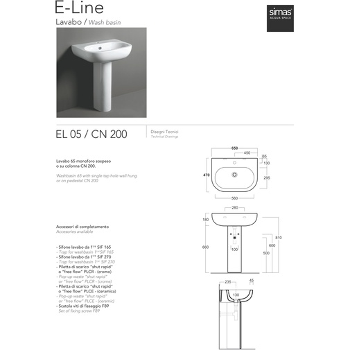 Lavabo suspendu de style classique en céramique blanche 65 cm - E-Line, Simas