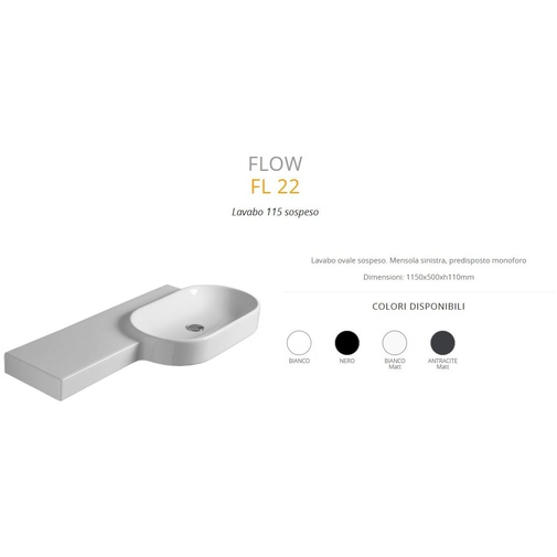 Lavabo suspendu ovale asymétrique avec étagère intégrée à gauche couleur blanc brillant 115 cm - Flow, Simas