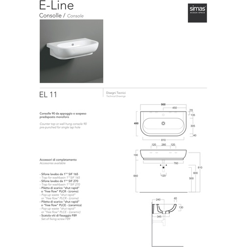 Lavabo suspendu standard en céramique blanche 90 cm - E-Line, Simas